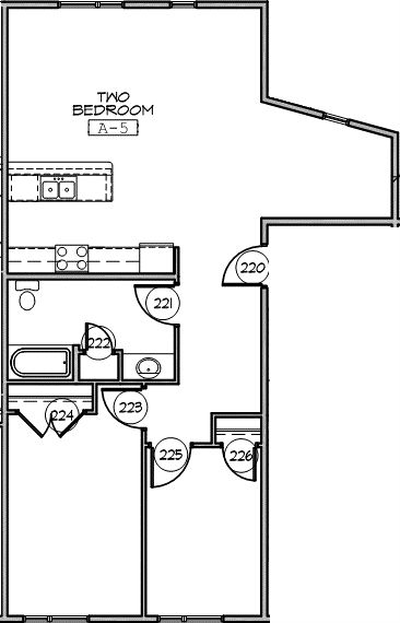 Floor plan for 2 beds, 1 bath, 973 sqft